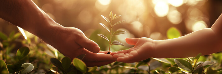 Sunlit silhouette of adult and child hands transferring a young plant, illustrating the concept of life and learning