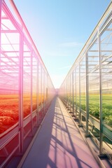 Fototapeta premium Long greenhouse with glass walls and a concrete path down the middle