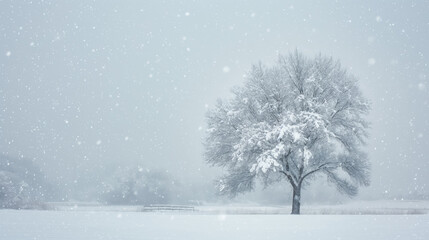 Fototapeta premium A serene winter scene featuring a single tree amidst a gentle snowfall, symbolizing peace and solitude
