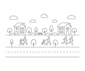 Walk resident people in neighborhood small houses in small city on street, line art. Neighbor on street, residential buildings, real estate. Exterior home. Vector outline illustration