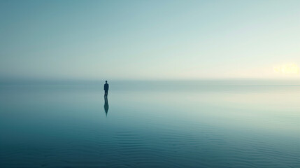 A conceptual shot of a person in solitude reflecting on a tranquil, infinite water surface