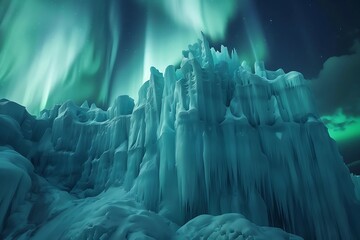 A towering ice formation in the Arctic, with auroras dancing overhead