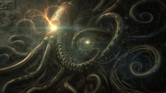 fantasy creature a giant octopus with glowing eye in a symmetrical pattern, steampunk style, set against a dark background in a visually stunning artwork
