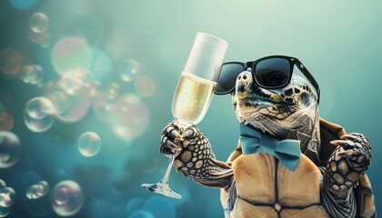 Turtle toasting with champagne glass wearing sunglasses and bowtie
