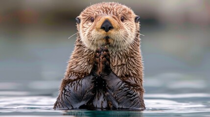   A tight shot of an otter in water, paws lifted, head breaking surface
