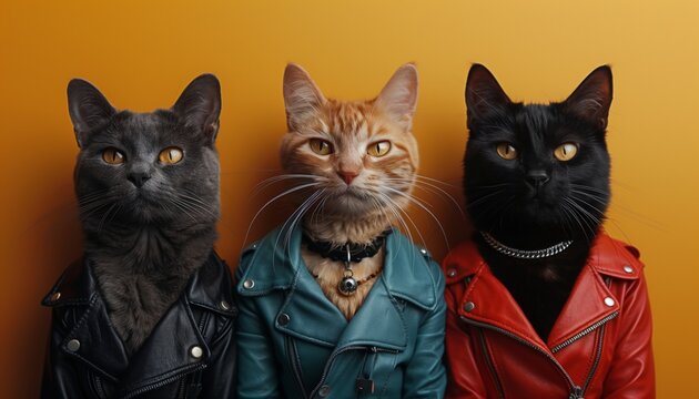 Trio of cats in stylish jackets against an orange background.