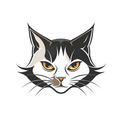 Logo of black and white cat head with yellow eyes, simple shapes