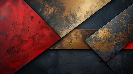 Abstract Intersection: Bold Red, Black, and Gold Textured Triangles, Modern Artistic Concept