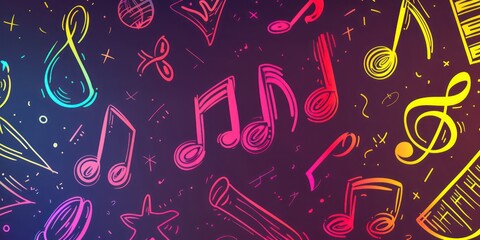 music icons in simple outline doodle colored design scattered on a full background