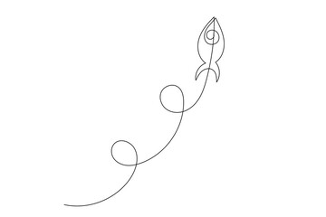 Line Art Rocket Spaceship Silhouette. Doodle Simple Graphic Space Explore Adventure Outline Line Art. Rocket Silhouette Isolated on White . Travel Tourism Science Explore Modern Line Art Concept