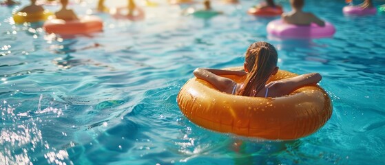 Refreshing summer pool scene, children splashing and playing under water jets, parents relaxing in poolside loungers, sunny day with vibrant pool floats and toys