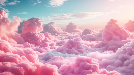 A visually soothing image featuring soft, cotton-like clouds tinted with candy-inspired pink shades, spreading across the wide sky