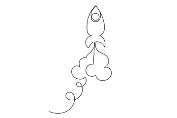 Line Art Rocket Spaceship Silhouette. Doodle Simple Graphic Space Explore Adventure Outline Line Art. Rocket Silhouette Isolated on White . Travel Tourism Science Explore Modern Line Art Concept