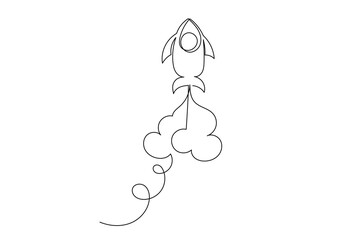 Line Art Rocket Spaceship Silhouette. Doodle Simple Graphic Space Explore Adventure Outline Line Art. Rocket Silhouette Isolated on White . Travel Tourism Science Explore Modern Line Art Concept
