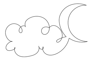 Line Art Moon and Cloud Illustration. Doodle Simple Contour Outline Sketch Isolated on White. Symbol  Romantic Dreamy Symbol. Continuous Simple One Line Drawing