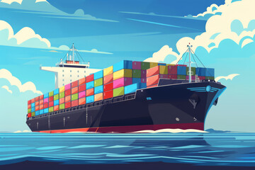 A cargo ship is sailing at sea with containers. Transportation by cargo ship. Import and export. Vector illustration of international cargo delivery.