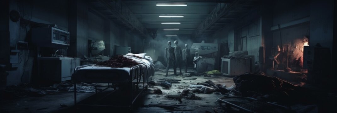 This image depicts the grim and unsettling scene of an abandoned hospital its once pristine medical facilities now in a state of disrepair and decay In the dimly lit hallway a solitary zombie nurse