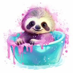 Fototapeta premium Adorable Cartoon Baby Sloth Taking Magical Bath Surrounded by Whimsical Fairy Tale Bubbles