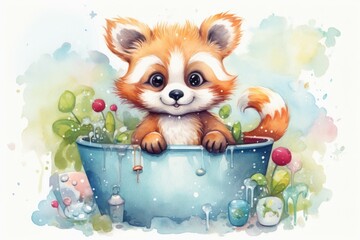 Baby Red Pandas Fairy Tale Bath Time in a Neon Watercolor World
