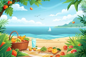 Fototapeta na wymiar Couple relishing a seaside picnic with fruits, snacks, chilled drinks, cozy blanket, and ocean view