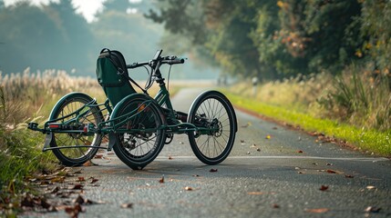 Hunter green recumbent trike on a peaceful country road, relaxed cruising,