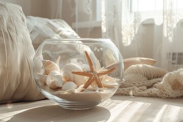 Glass bowl filled with seashell on sofa in sunlit room with sheer curtain