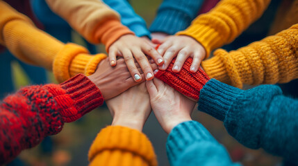 Close up of hands of diverse group of people holding hands together outdoors