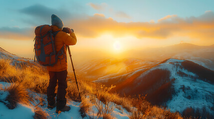Hiker with backpack on top of a mountain at sunset in winter