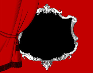 Engraved vintage black and white drawing in a classic Baroque frame with a red curtain on a red background. Presentation sign and poster template. Vector illustration