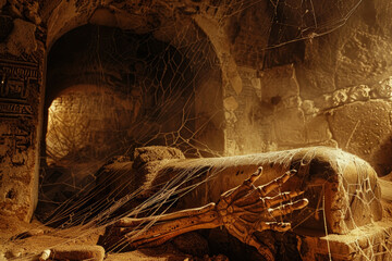 Ancient Crypt with Open Sarcophagus and Emergent Mummy Hand.