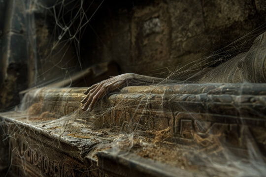 Ancient Crypt with Open Sarcophagus and Emergent Mummy Hand. - Powered by Adobe