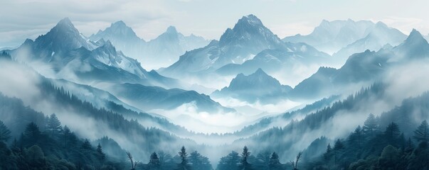 Misty mountain range with forest foreground