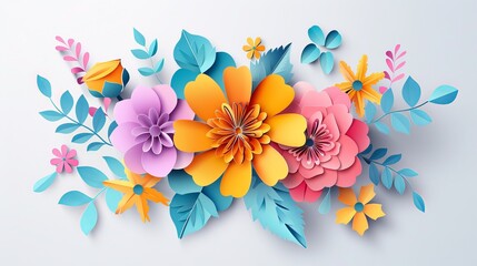 Bouquet design illustration for spring featuring a brush paint-themed arrangement, presented in a paper craft and cut style.