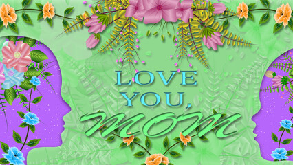 love you mom quote for mother's day with mother and kid transparent face icon on gradient colour background