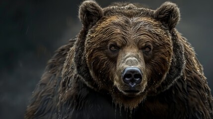 Fototapeta premium Close-up of a brown bear's face with water droplets on fur against a black backdrop