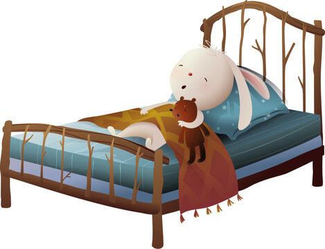 recommend clip art: Cuddly teddy bear and bunny sleeping in bed hugging. Animals sleeping in bed in children bedroom, lullaby nighttime illustration. Isolated vector clipart in watercolor colors for kids.
