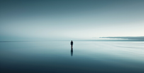 A solitary figure stands in serene, vast waters under a gentle mist, conveying a sense of peace and introspection - obrazy, fototapety, plakaty