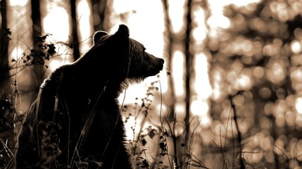   A black-and-white image of a bear seated in a towering grass field with trees in the background