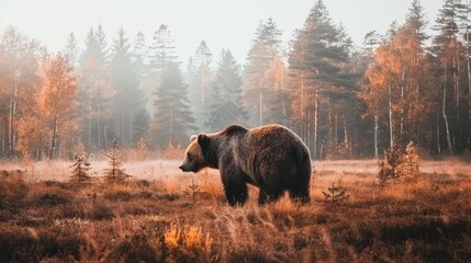   A large brown bear stands amidst a field of tall grass and trees, background shrouded in fog