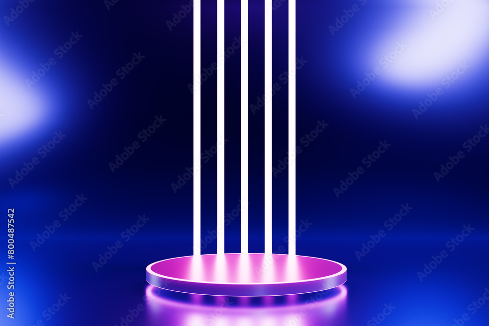 Poster empty round podium with neon edge and glowing lines. 3d rendering