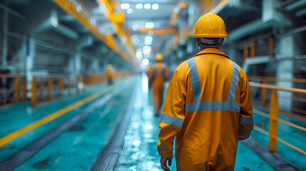 Engineer or factory worker in yellow safety suit and helmet standing on the conveyor belt.