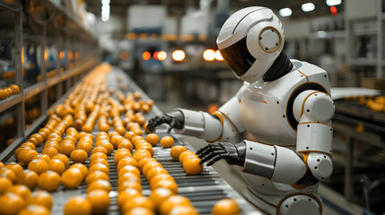 Robot working on a conveyor belt in a production line.