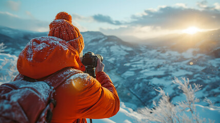 Hiker taking pictures of snowy mountains at sunset. Travel and active lifestyle concept