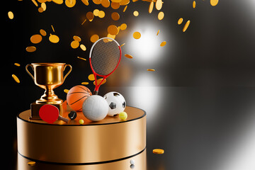 Sports betting champions cup with balls and rackets on a pedestal, 3D rendering. - obrazy, fototapety, plakaty
