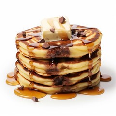 stack of pancakes with maple syrup with butter chocolate on a white background