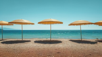 Tropical with umbrella summer landscape of the beach. Vacation on beautiful island, sand, ocean and blue sky.