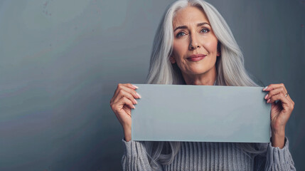 Naklejka premium A woman is holding a blank sign in her hands. Copy space