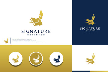book and quill pen with gold ink, logo design template.