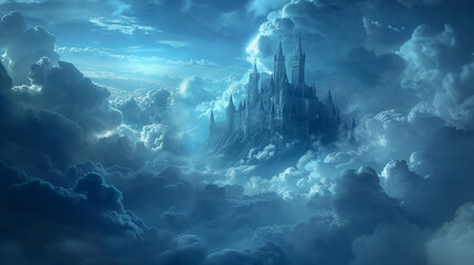 A fantasy castle soars amidst stormy clouds, evoking a strong sense of mysticism and adventure, as though part of a fairy tale or an epic quest