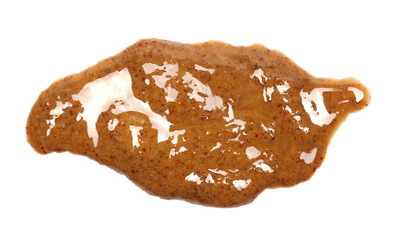 Almond butter spread isolated on white, top view, clipping